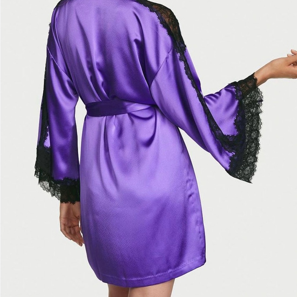 NWOT Victoria’s Secret Purple Black Luxe Collection Lace Trim Kimono Robe, XS/S - Picture 10 of 11